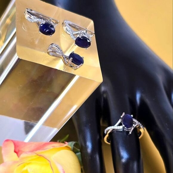 Natural Sapphire set "Afina" 925 Sterling Silver Earrings Pendant Ring 6.75/7.75 - Picture 5 of 10